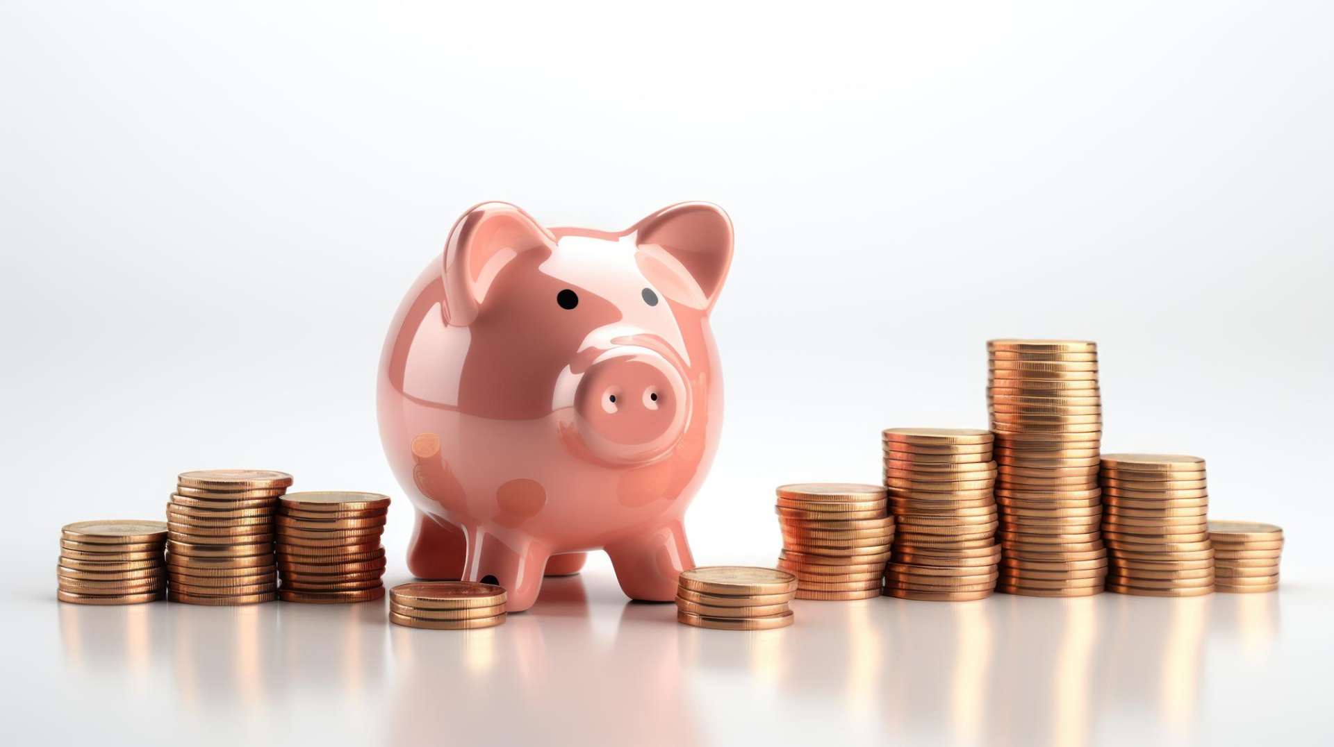 A piggy bank stands on stacked coins against a white backdrop